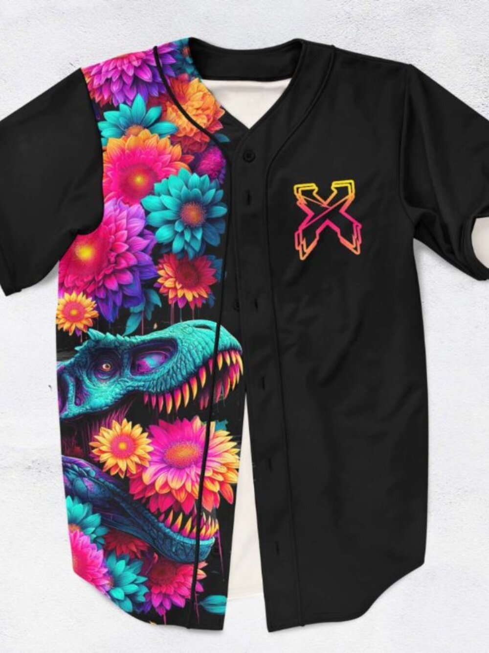 Excision Trippy Floral T-Rex Split Rave Baseball Jersey